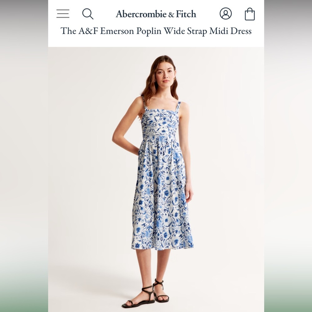 Abercrombie and Fitch Emerson Poplin Wide Strap Midi Dress blue and